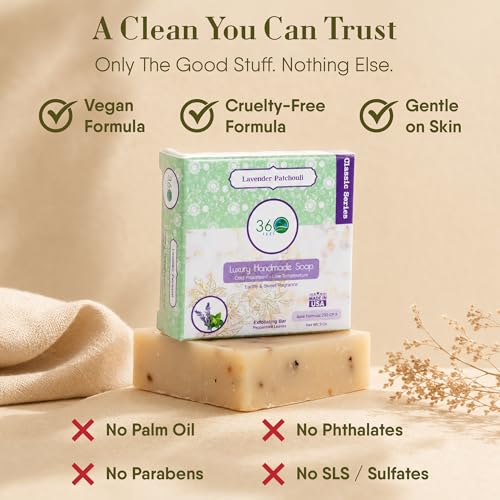Image of 360Feel Handmade Castile Soap - Lavender Patchouli, 5 oz, 4-Pack | Handmade with Essential Oils for Soothing Scent - Suitable Gift for Anniversaries, Weddings and Holiday Stockings