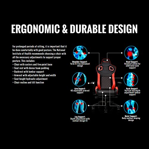 TT e-Sports GTC 500 Nero & Blu Comfort Series Gaming Chair, in Ecopelle, Colore: Nero/Blu, Similpelle, Black/Red, 53.5x59.5x142 cm - Sedia gaming - Immagine 10