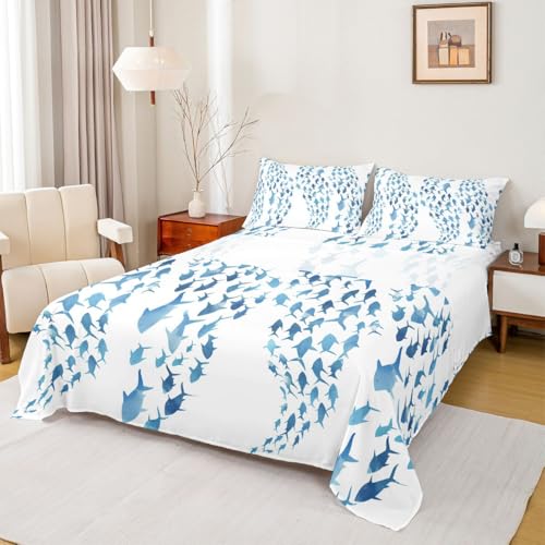 Image of jejeloiu Blue Fish Bed Sheets Set King Size Abstract Stripe Bed Set Summer Ocean Deep Pocket Fitted Sheet Sea Animal Breathable Soft Lightweight Microfiber