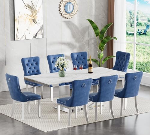 Image of 9-Piece Extendable Dining Table Set for 8, Modern 63 inch-94 inch White Faux Marble Expandable Kitchen Table Set with 8 Velvet Chairs, Large Extendable Dining Room Tables with Mirrored U-Shape Base