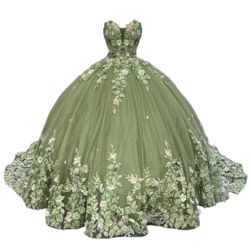 Zhangyo Strapless 3D Flower Quinceanera Dresses with Train Applique Tulle Sweet 16 Dresses Beaded Puffy Quinceañera Dress