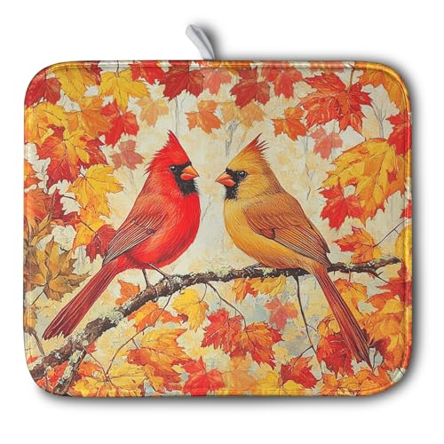 Kwlegh Fall Dish Drying Mats for Kitchen Counter Maple Leaf Cardinal Birds Dish Draining Mat 16x18 Inch Autumn Thanksgiving Dish Rack Mat Microfiber Absorbent Dish Drainer Pad