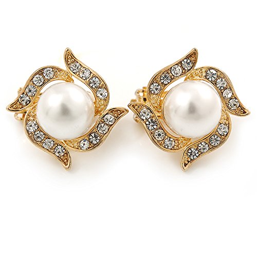 Boucles d'oreilles clip perles blanches et cristal plaqué or 23mm