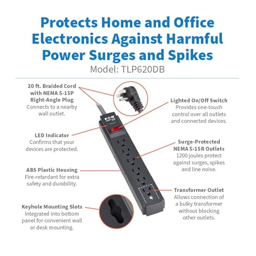 Image of Eaton Tripp Lite Series 6-Outlet Surge Protector Power Strip, Flat Plug 20ft Braided Extension Cord, 1200 Joules, 15A Circuit Breaker, Lifetime Manufacturer's Warranty & $10,000 Insurance (TLP620DB)
