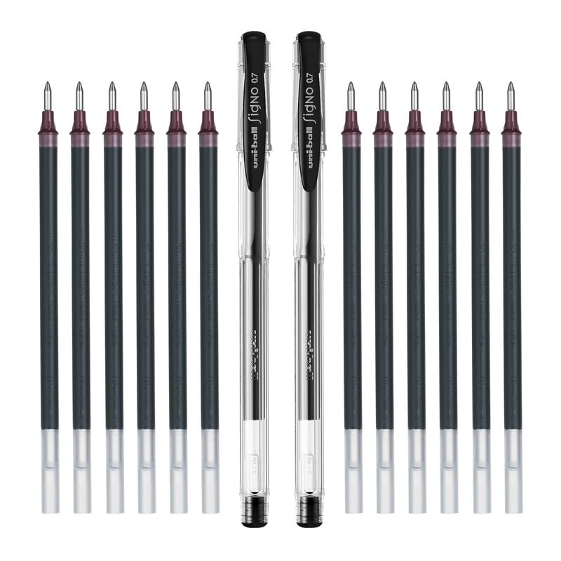 uni-ball Signo 0.7mm UM-100 & UMR-7 Gel Pen - Refill Combo | Black Ink, 2 Pcs Pens with 12 Pcs Refills