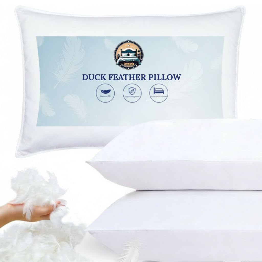 LOOMERIG Duck Feather Pillows 2 Pack – Luxury Quality Down & Feather Hotel Pillows - Breathable, Hypoallergenic, Anti-Dust Mite – Ideal for Side Sleepers (48×74cm)