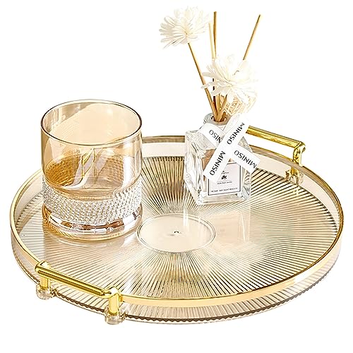 IWANGDS Round Serving Tray with Golden Handles and Golden Rim Border, Decorative Plastic Serving Tray for Living Room, Bathroom, Kitchen | Tray Decor for Party, Coffee Table, Display 10.63' (Amber)