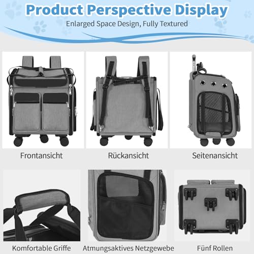 OUUTMEE Haustiertragetasche, Tragetasche mit Rollen, Katzentragetasche mit Rollen, für Katzen und kleine Hunde, 4-Wege-Handtasche, multifunktionaler Rucksack, atmungsaktiv Grau