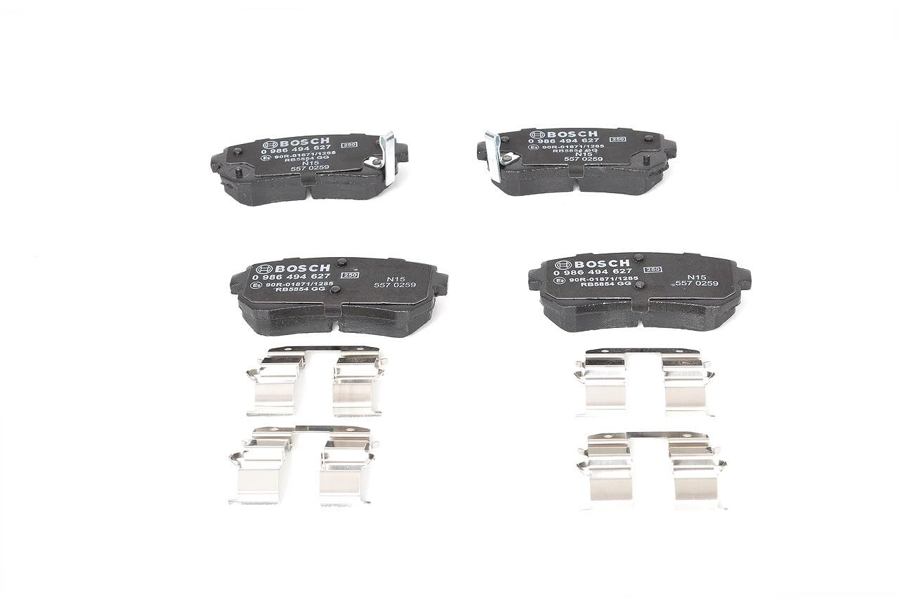 Bosch BP1051 - Auto Bremsbeläge hinten - Bosch-Qualität - für leises Bremsen mit wenig Staub - ECE-R90 zertifiziert - kupferfrei - 1 Set mit 4 Bremsbelägen - Mit Zubehör