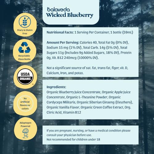 Image of Wicked Blueberry Energy Shot, Vanilla Blueberry, 2oz 12 Pack | Cordyceps, L-Theanine, Eleuthero + B12 for Clean Energy Without Jitters, USDA Organic, Glass Bottles