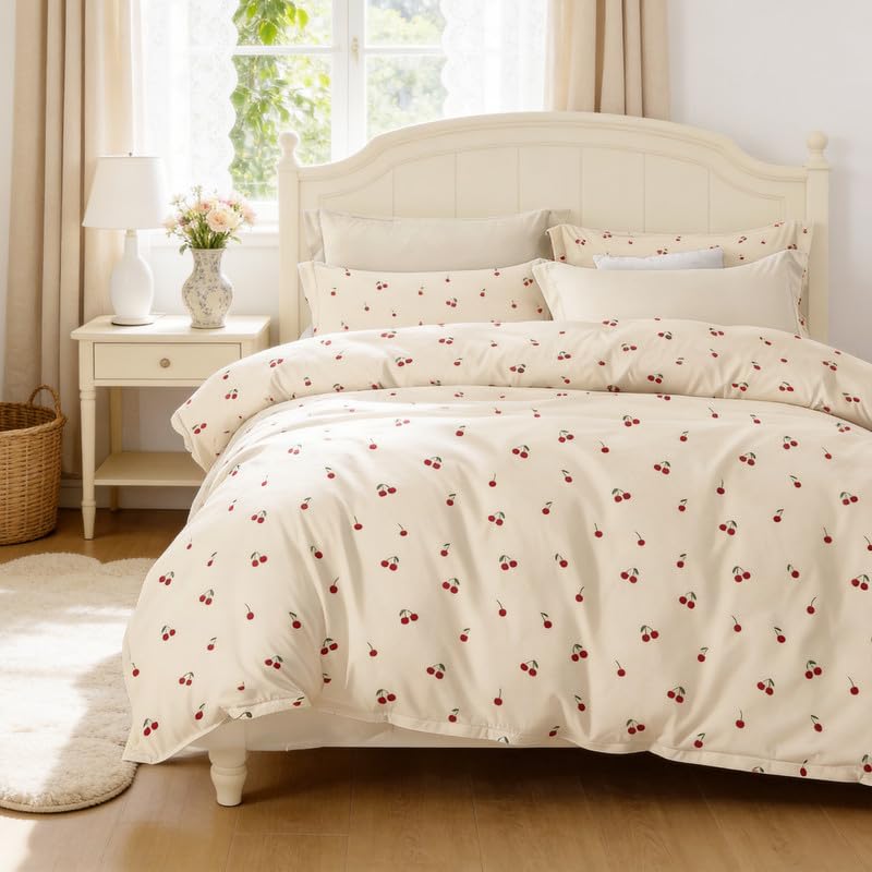 Freyamy Single Duvet Cover Set White - 2pcs Cherry Bedding Set, Romantic Bedding Set Single Size 135x200 cm and 1 Pillowcase 50x75 cm