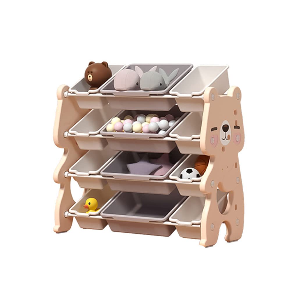 Kids Toy Storage Organizer with 12 Removable Bins, LSVGOE 4 Layer Removable Shelf Multi Bins, Toddlers Shelf for Child's Playroom, Bear Toy Storage Unit for Bedroom, Nursery, Classroom(Pink)