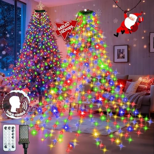 2025 New Christmas Tree Lights Indoor with Voice Control & Remote | 448LED Waterfall Tree Topper Lights with 12 Modes & Timer, 7FT x 16 Lines Cascading Twinkle Lights for 7FT Xmas Decor(Multicolor)