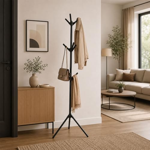 Image of LEOPAX 9 Hook Coat Hanger Stand for Clothes, Bags, Hats & Umbrellas | Freestanding Tree Coat Rack | Modern Standing Garment Organizer for Living Room, Bedroom, Office - Black