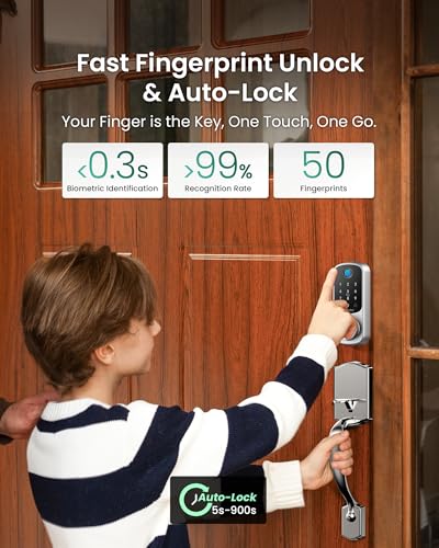 Image of DESLOC B200 Fingerprint Front Door Lock Set with Durable Handleset, Keyless Entry Deadbolt, Electronic Keypad, App Control, Easy Installation, Designed for a Modern and Stylish DESLOC Home, Silver