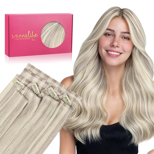Image of WENNALIFE Invisi Edge & Classic Seamless Clip in Hair Extensions Real Human Hair, 18 Inch 130 7pcs Ash Blonde Highlighted Platinum Blonde Hair Extensions for Women Invisible Straight Injection Extensi