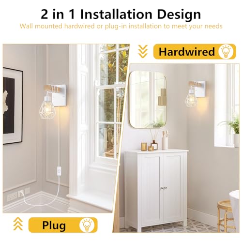 Image of Lomoky White Plug in Wall Sconces Set of Two, Modern Wall Lights with 5.25FT Plug in Cord, Wooden Bedside Wall Lamps with Metal Shade, Industrial Wall Lighting Decor for Living Room, Hallway, Stairs