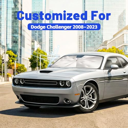 Image of Car Windshield Sun Shade for Dodge Challenger 2008-2023 - Reflective Coated Fabric Sunshade Umbrella for Front Window, UV Protection Heat Shield Sun Blocker Heat Reflector, 1:1 Exact Fit Keep Car Cool