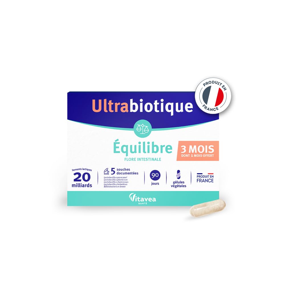 Vitavea Ultrabiotique Equilibre - Complément alimentaire flore intestinale - Probiotiques - 20 milliards de ferments lactiques - 5 souches documentées - 90 gélules - 3 mois - Fabriqué en France