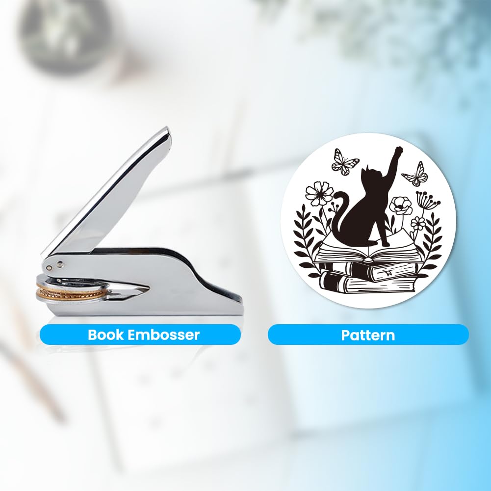 ANATTASOUL Troquelador de Libros Personalizado Sello para Gato Libro, Sello de Biblioteca Duradero con Mango para Libros, Sobres, Documentos, Invitaciones(Incluye 100 Pegatinas Doradas)