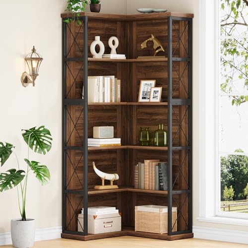 Condemo 5-Tier L Shaped Bookshelf, Vintage Industrial Corner Bookcase, Large