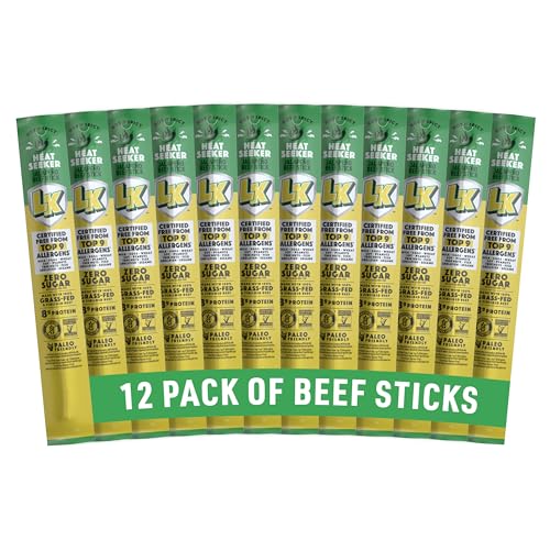 Lorissa's Kitchen Heat Seeker Jalapeno Beef Sticks - (Pack of 12) 1 oz Meat Sticks - Ready to Eat Protein Snacks - Free from Top 9 Allergens - Made with Grass-Fed & Finished Beef - Zero Sugar