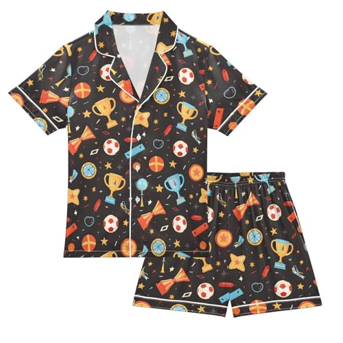 ALAZA Soccer Ball Star Basketball Satin Pajamas Set Short Sleeve Button Down Sleepwear Summer Pjs 2 Piece