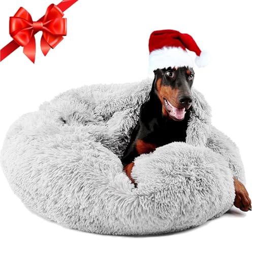 Image of Himax Donut Dog Beds for Large Dogs with Blanket, Cozy Soft Fluffy Round Dogs Beds, Calming Dog Bed Washable (20 inch /26 inch /35 inch) Light Grey