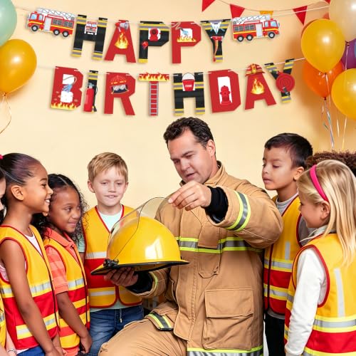 Image of Hooqict Happy Birthday Banner Firetruck Birthday Decorations Firefighter Party Banner Garland Sign for Firefighter Fireman Fire Station Rescue Birthday Party Decorations Supplies