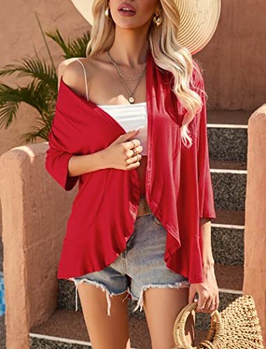 Image of Yekaty Women Cardigan 3 /4 Sleeves Open Front Lightweight Cardigan Draped Ruffles Knit Cardigan