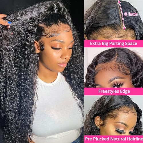 Image of KVFCT 36 Inch Deep Wave Lace Front Wigs Human Hair 13x6 HD Transparent Deep Wave Frontal Wigs Human Hair Pre Plucked Deep Curly Human Hair Wigs Glueless Curly Lace Front Wig Natural Hairline
