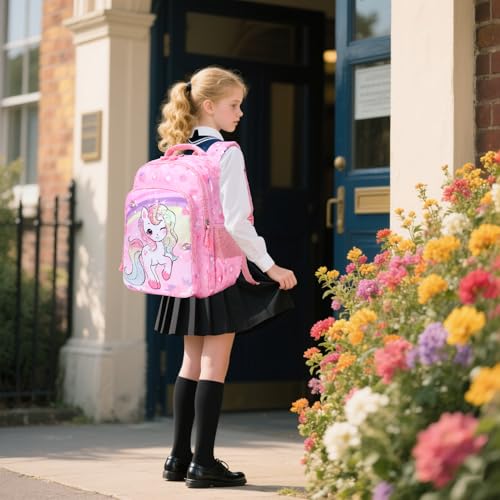 Kimwadalh Girls Backpack with Lunch Box Pencil Case for Elementary School, 3 in 1 Schoolbag with Chest Strap for School Girls2