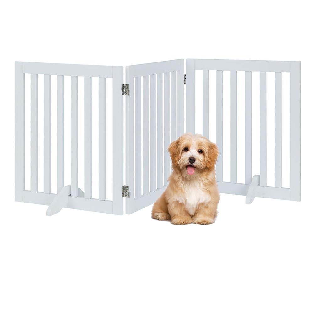 unipaws Freistehendes Absperrgitter Hund, Treppenschutzgitter ohne Bohren, Holz Kindergitter Klappbar，Türgitter Hunde Kaminschutzgitter mit Füßen, weiß (3 Elemente, 61 cm Hoch)