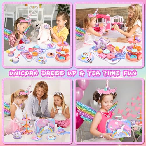 Image of Tea Party Set for Little Girls, 63PCS Pretend Play Toys & Unicorn Dress Up