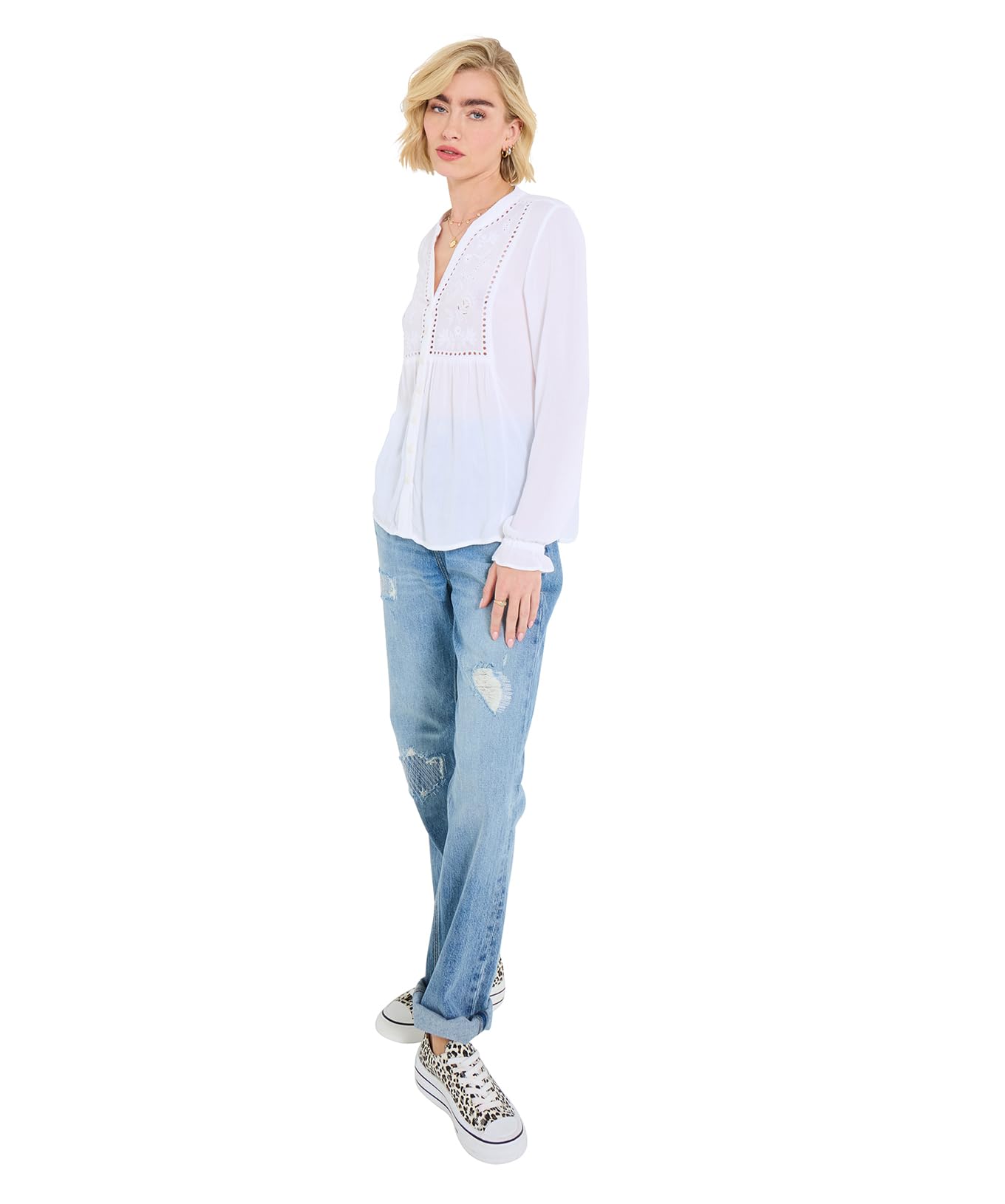 Joe Browns Women's Broderie Anglaise Frilly Cuffed Blouse, Regular, White, UK 18
