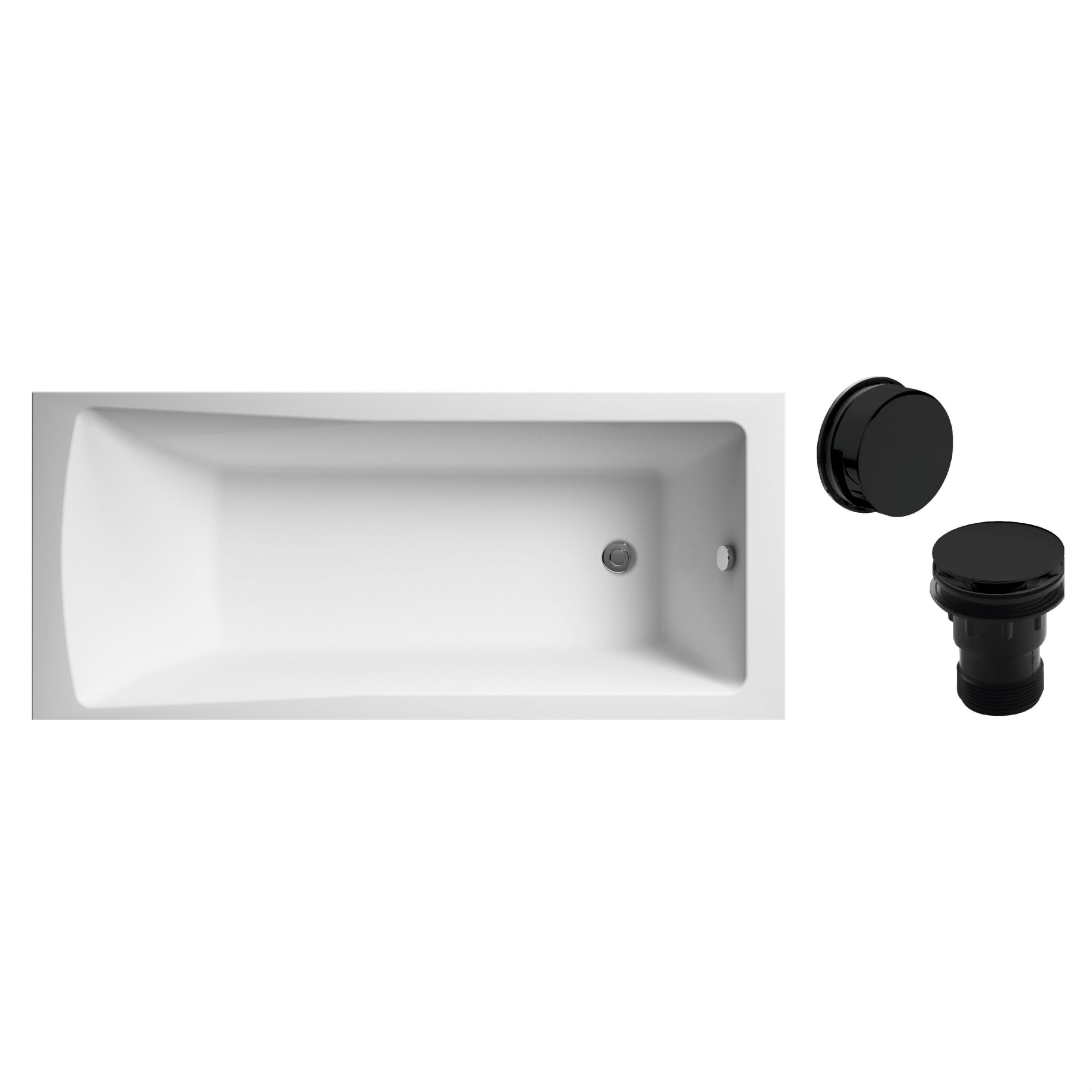 Balterley 1700 x 700mm Square Shower Bath with Leg Set & Black Waste, Straight Single Ended Gloss White Soaking Bathtubs, Acrylic Baths for Bathroom, Rectangular Soaking Bathtub