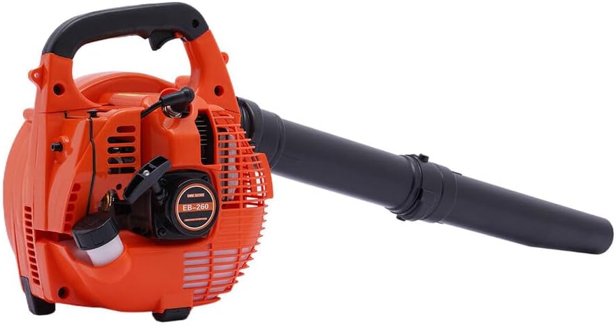 Side view of the assembled Gosangom 25.4CC Petrol Leaf Blower with the blast pipe attached.