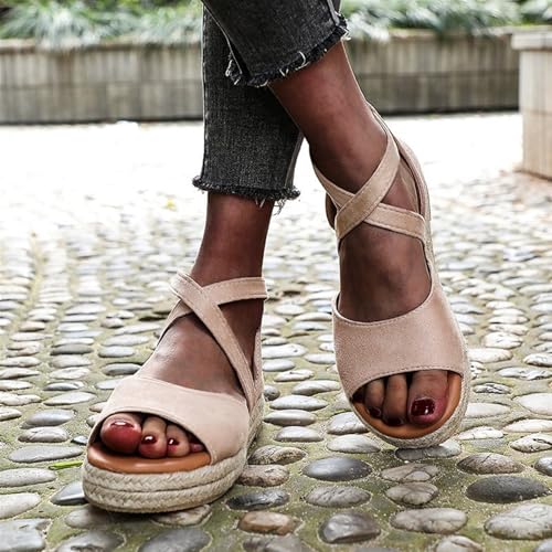 Women's Espadrilles Open Toe Sandals Ladies Fashion Ankle Strap Buckle Wedge Sandal Platform Non-Slip Slingback Orthotic Beach Shoes for Travel Walk2