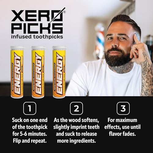 Image of Xero Picks Energy Caffeine Flavored Toothpicks B12 for Focus & B6, 60 Picks (Pack of 3) (Tangerine) Sugar-Free Alternative to Energy Mints & Gum - Kosher