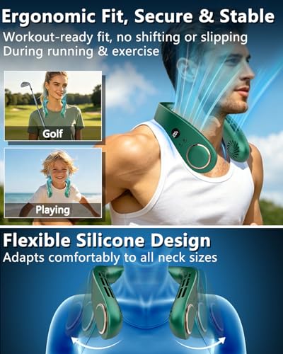 Image of FWV Personal Neck Fan with Cooling Plate, Noiseless 5-Speed Airflow, 5500mAh 3-24H Battery, LED Display Wearable Head Fans, Bladeless Portable Neck Air Conditioner for Worker Traveler Runner Green