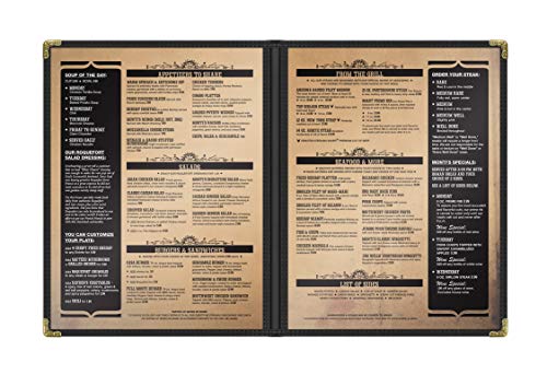 25 pack goodsmart cafe style restaurant menu cover side-loading double stitched edge menu sleeve crystal clear vinyl menu holder with gold decorative corners black 2 pages  4 views - 853939 x 113939