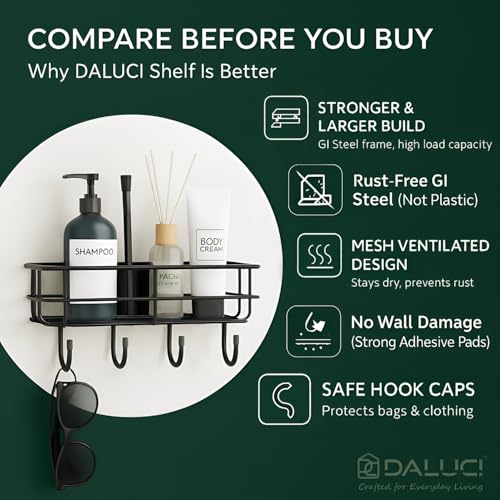 Image of DALUCI Bathroom Organiser Without Drill Self Adhesive Bathroom Shelf for Wall GI Steel Powder Coated Rustproof Bathroom Rack Stand for Shampoo Toiletries Heavy Duty (Black, Pack of 1)