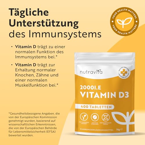 Nutravita Vitamin D3 2000 I.E - 400 Vit D Tabletten, 1+ Jahr - Vegetarisch - Hochdosiert Sonnenvitamin für Immunsystem, Knochen, Zähne & Muskeln - Vitamin D hochdosiert - Laborgeprüft Cholecalciferol