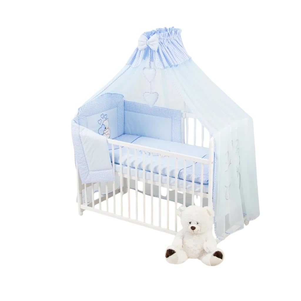 Generisch 12-Teiliges Kinderbett mit Matratze, Teddybär mit Herz, Blau | Bettzeug inklusive, Zubehör inklusive