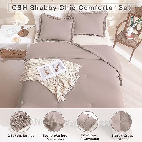 Image of QSH Ruffled Comforter Set Queen Size, 3pcs Taupe Shabby Boho Chic Bedding Comforter Sets, Ultra Soft Farmhouse Lightweight Microfiber Inner Fill Bed Comforter Set
