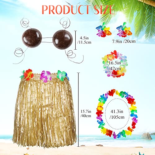 Tigeen 6 Pcs Coconut Bra Hawaiian Grass Hula Skirt Costume Set Dance Leis Outfit for Women Luau Party Supplies,15.7 Inch2