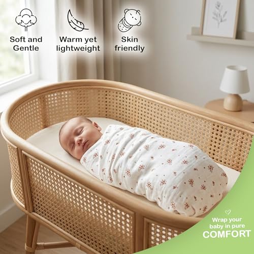 Image of Organic Muslin Baby Blanket 2-Pack Cinnamon & Wildflower, 47x47 Inch, 100% Organic Cotton Oeko-TEX Certified Hypoallergenic Swaddle Blanket for Newborn Boy, Baby Boy Shower Gift