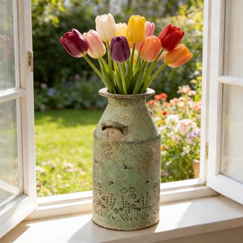 13" H Vintage Metal Vase Rustic Farmhouse Pitcher Jug Decorative