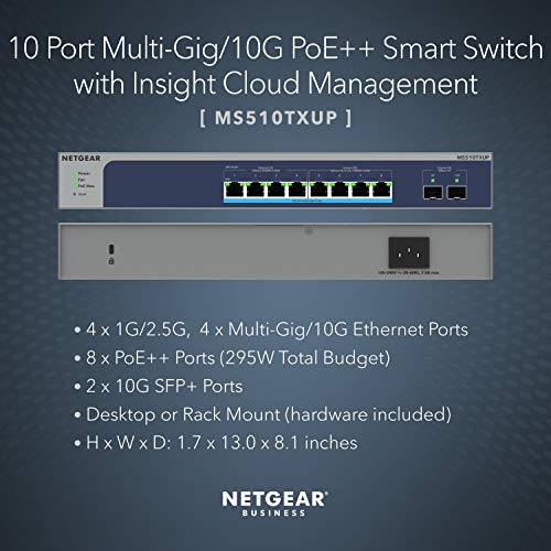 Image of NETGEAR MS510TXUP 8-Port Smart 𝐒𝐰𝐢𝐭𝐜𝐡 | L3 Lite | PoE++ (295W) | 4 x 100 /1000 /2.5G + 4 x 100 /1000 /2.5 /5 /10G | 2 x 10G SFP+ Uplink | Cloud Care's 3 Year Warranty SupportPlus Included
