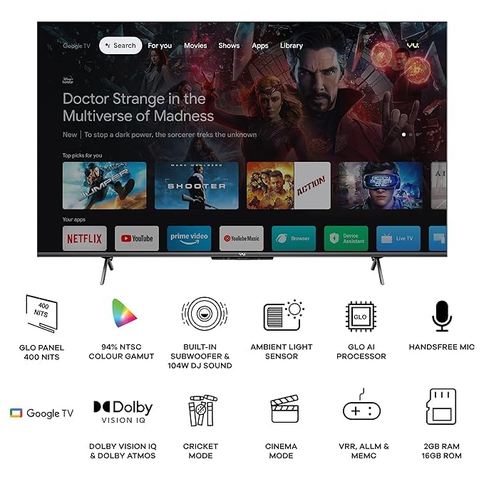 Image of Vu 164 cm (65 inches) The GloLED Series 4K Smart LED Google TV 65GloLED (Grey)